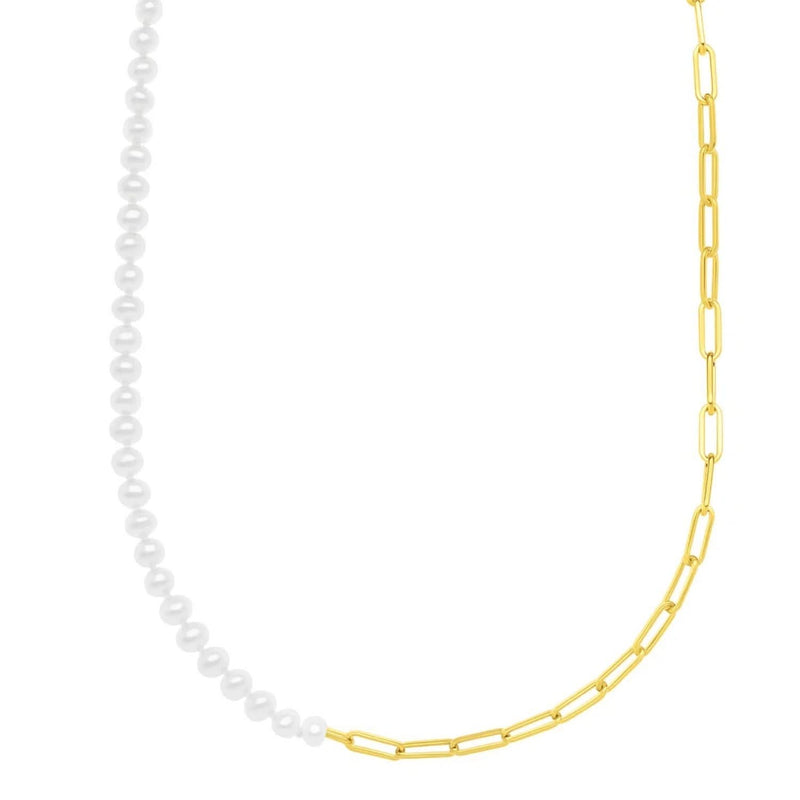 5mm Pearl and Lite Paperclip Necklace in 14K Yellow Gold 14K yellow gold necklace with 1 pear pearl stone on paperclip chain