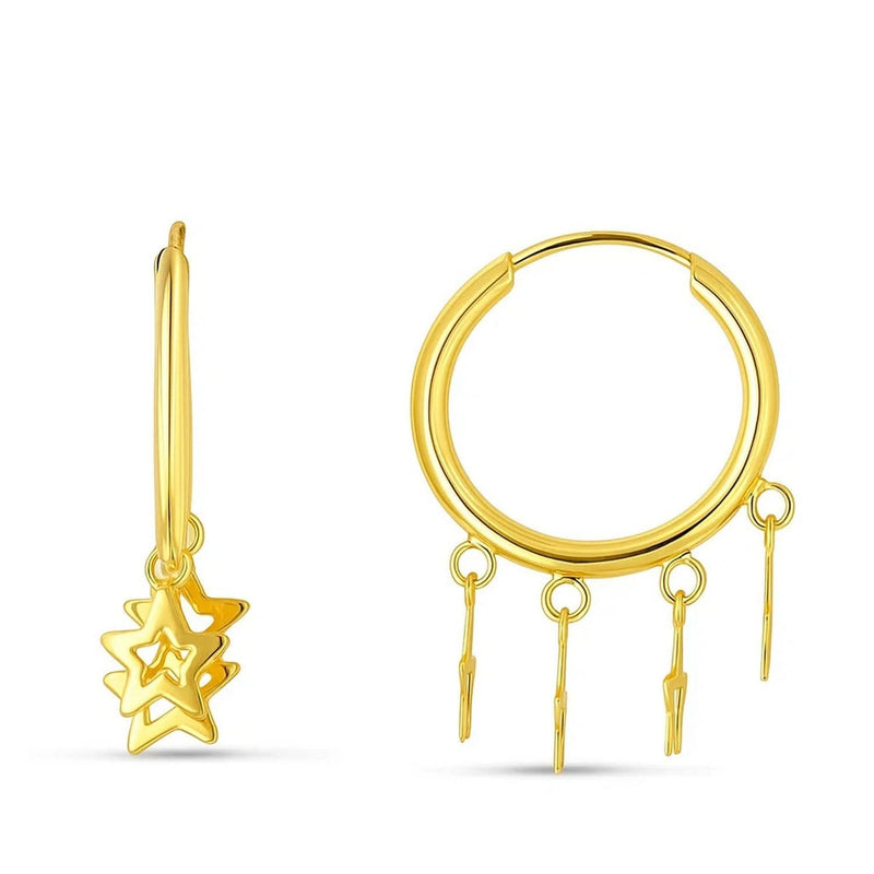 14K Yellow Gold Endless Star Charm Huggie Hoop Earrings 14K yellow gold huggie hoop earrings with open star charm detail