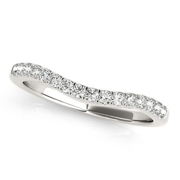 14k White Gold Curvy Style Pave Set Diamond Wedding Band (1/5 cttw) 14K white gold ring with pave-set round diamond stones in a curved band