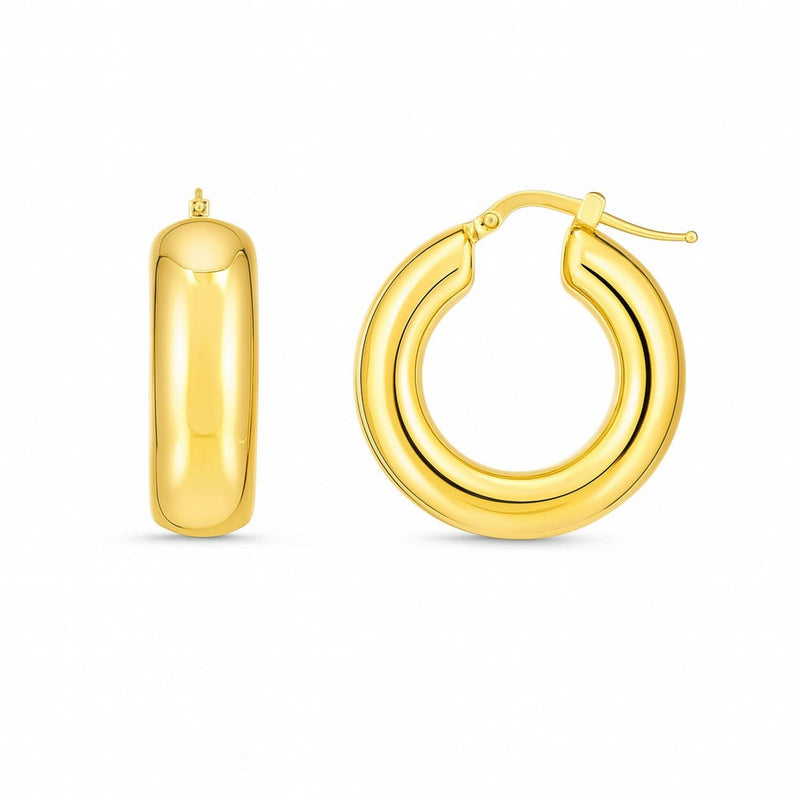 14k Yellow Gold Medium Puffy Hoops 14K yellow gold medium puffy hoop earrings with rounded dimensional profile