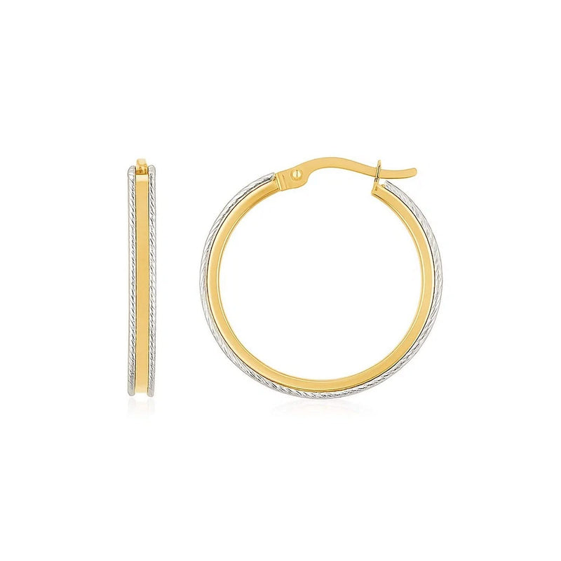 14K Two Tone Gold Diamond Cut Round Hoop Earrings 14K two-tone gold hoop earrings with diamond-cut round faceting