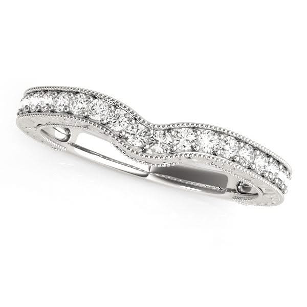 14k White Gold Bead Border Curved Diamond Wedding Band (1/4 cttw) 14K white gold ring with round diamond stones along a curved beaded border