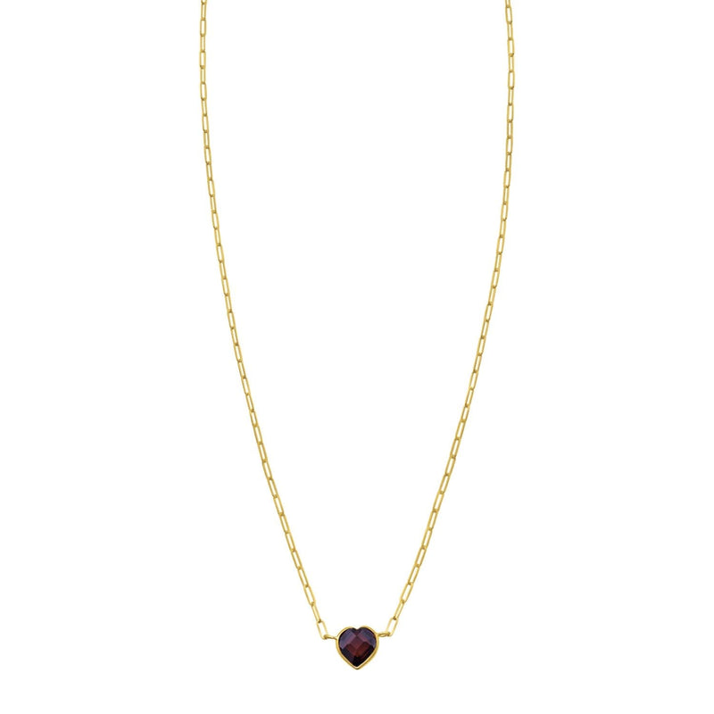 14K Yellow Gold Garnet Heart Necklace (1.50 mm) 14K yellow gold necklace with heart garnet stone on a 1.50 mm chain