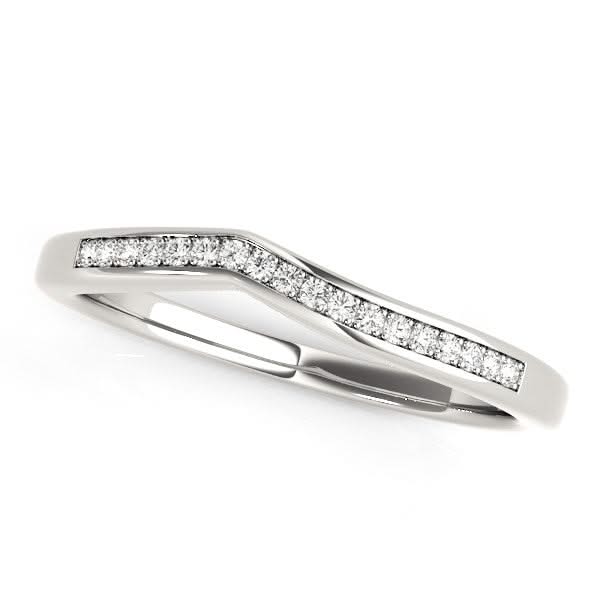14k White Gold Modern Curved Design Diamond Wedding Band (1/10 cttw) 14K white gold ring with small round diamond stones along a curved band