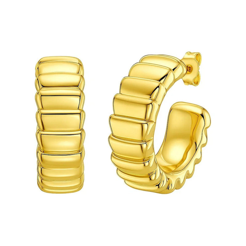 14K Yellow Gold Ribbed C Hoop Earrings 14K yellow gold ribbed C hoop earrings with open curved profile