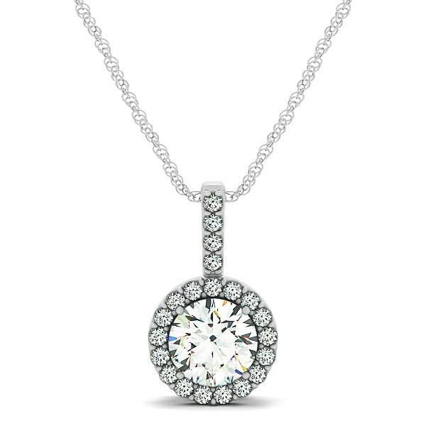 14k White Gold Diamond Halo Round Style Pendant (5/8 cttw) 14K white gold pendant with round diamond and halo of accent stones