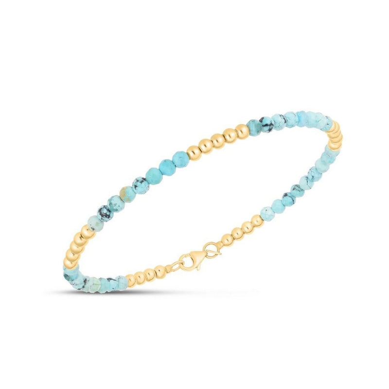 14K Yellow Gold Turquoise Pallina Bead Bracelet (3.00 mm) 14K yellow gold pallina bead bracelet with round turquoise stones