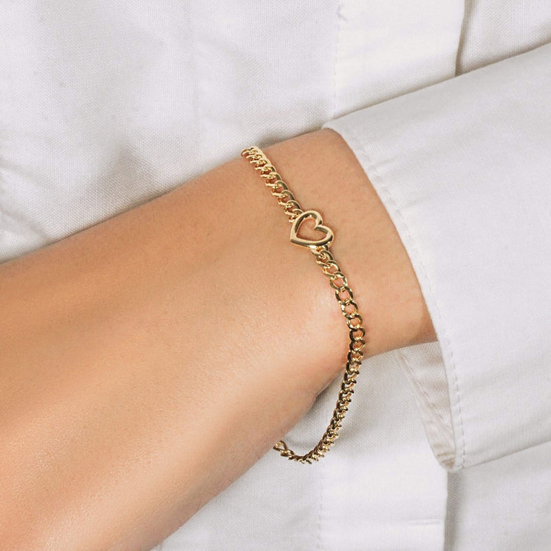 14k Yellow Gold 7 inch Curb Chain Bracelet with Heart Product Image