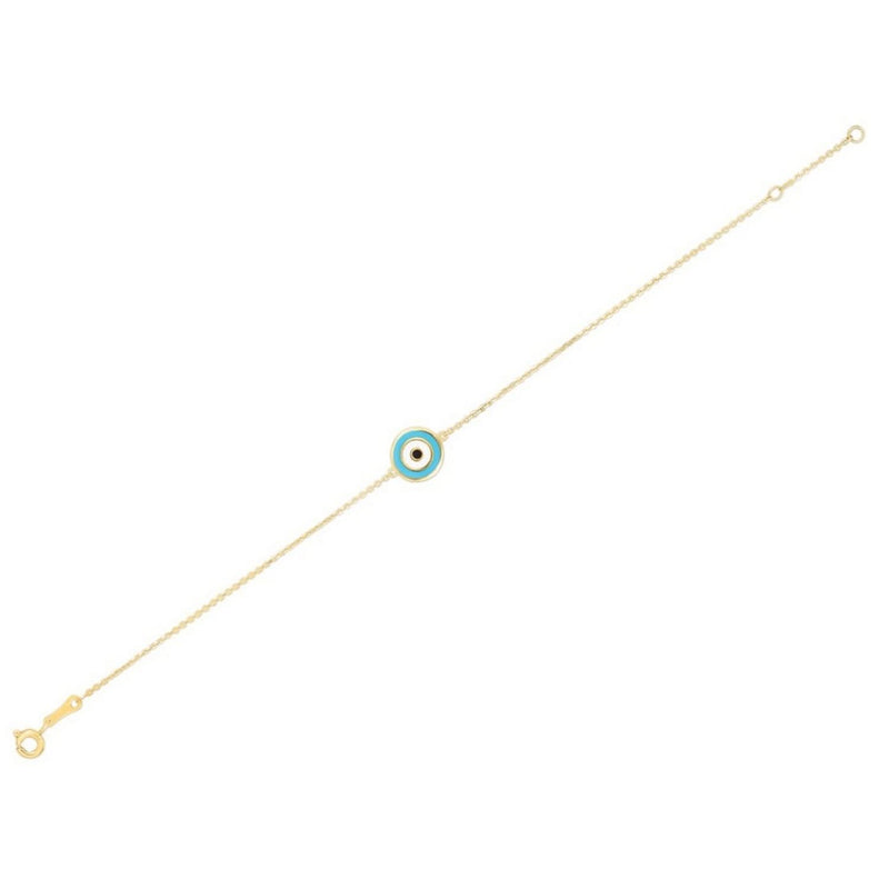 14k Yellow Gold Blue Evil Eye Bracelet (1.00 mm) 14K yellow gold evil eye bracelet with blue eye charm on 1.00 mm chain