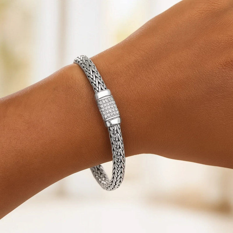 Sterling Silver Weave Motif Bracelet with White Sapphire Accents (6.35 mm) 925 sterling silver woven bracelet with white sapphire accent stones