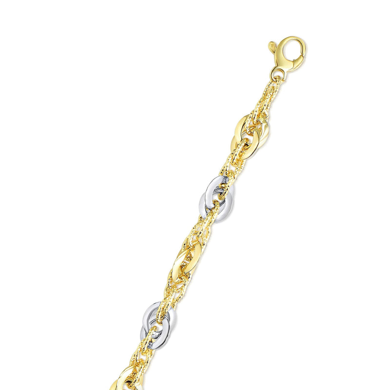14k Two-Tone Yellow and White Gold Double Link Textured Bracelet (10.00 mm) 14K two-tone yellow and white gold double link textured bracelet, 10 mm