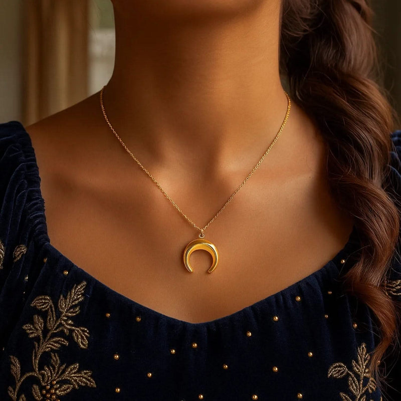 14k Yellow Gold 17 inch Necklace with Domed Moon Motif Pendant Product Image