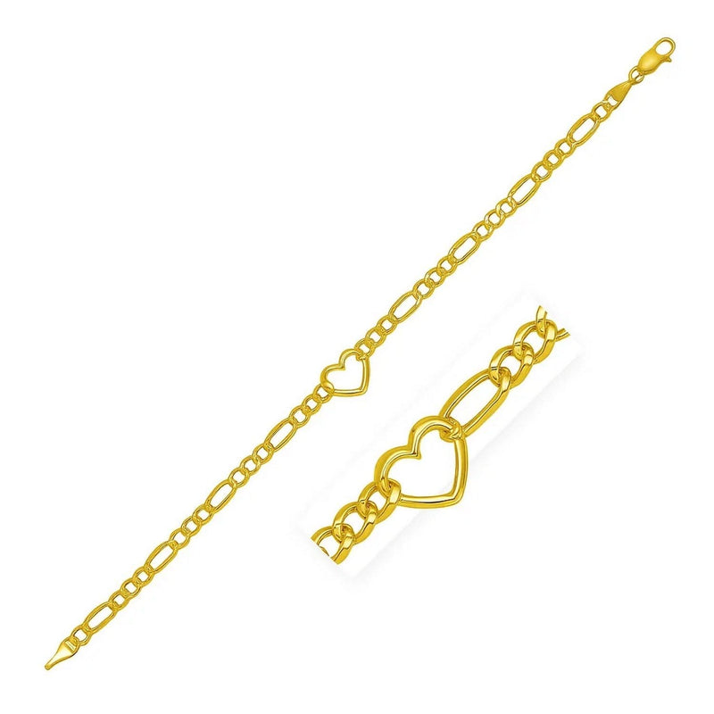 Figaro Chain Heart Bracelet in 10K Yellow Gold (4.50 mm) 10K yellow gold Figaro chain bracelet with heart charm