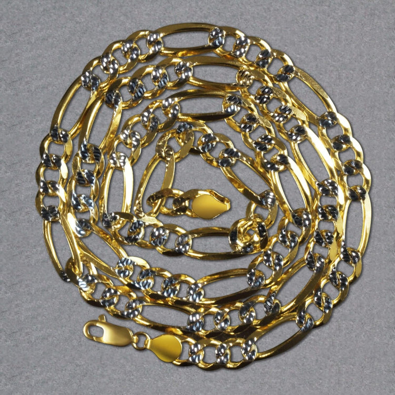 14K Yellow Gold Solid Pave Figaro Chain (7.00 mm) 14K yellow gold Figaro chain with solid pave links at 7.00 mm width