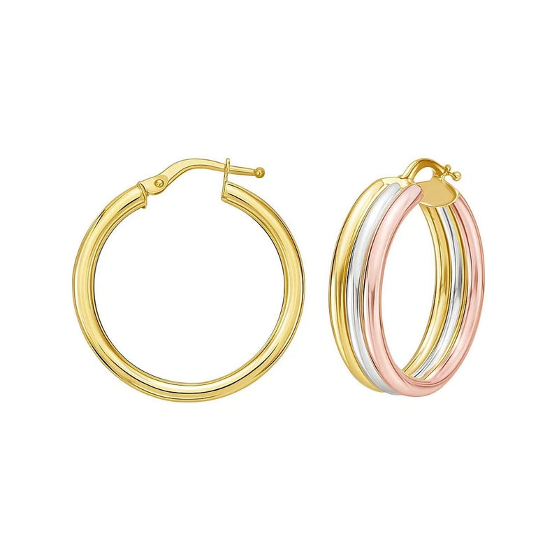 14K Tri Color Gold Polished Trinity Tube Hoop Earrings 14K tri-color gold trinity tube hoop earrings with polished yellow, white, rose bands