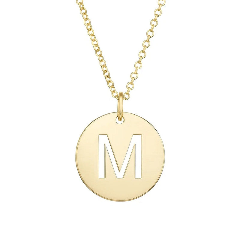 14K Yellow Gold Disc Initial M Pendant 14K yellow gold disc initial M pendant with cut-out letter