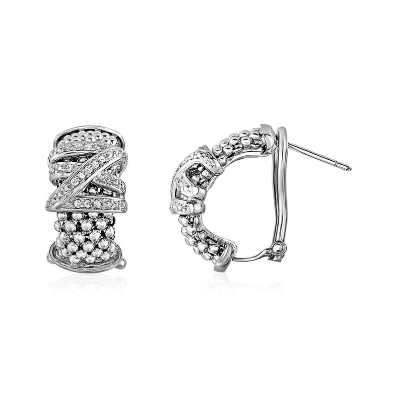 Popcorn Texture Earrings with Crossover Motif and Diamonds in Sterling Silver 925 sterling silver crossover ring with popcorn texture and diamond stones