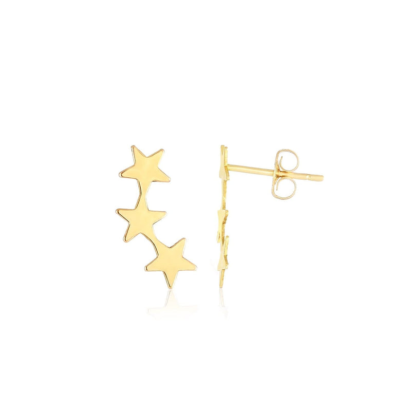 14K yellow gold star climber stud earrings with polished faceted edges