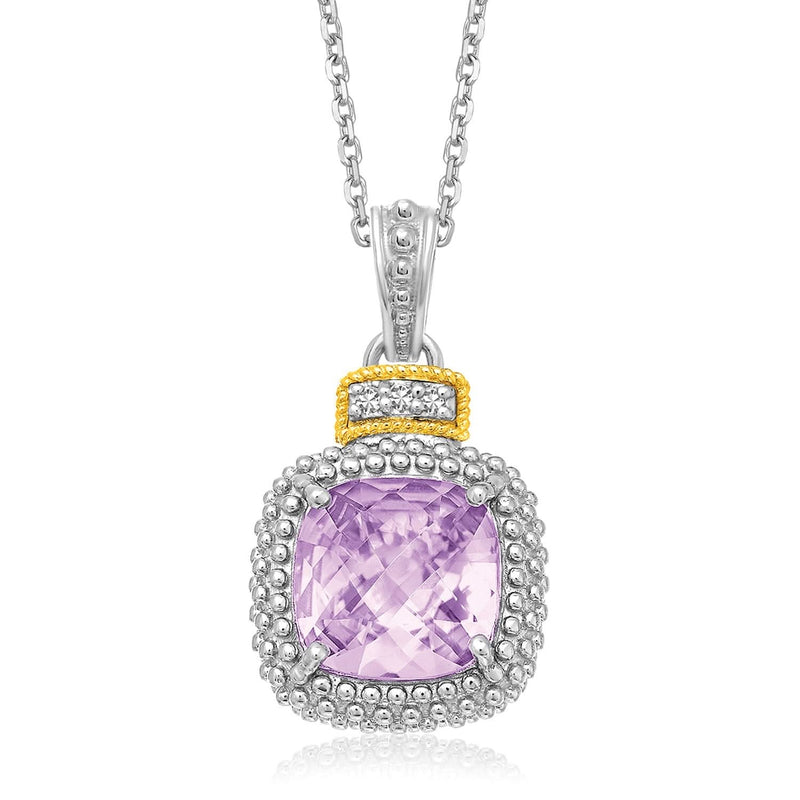 18k Yellow Gold & Sterling Silver Cushion Amethyst and Diamond Pendant 18K yellow gold pendant with cushion amethyst and diamond stones