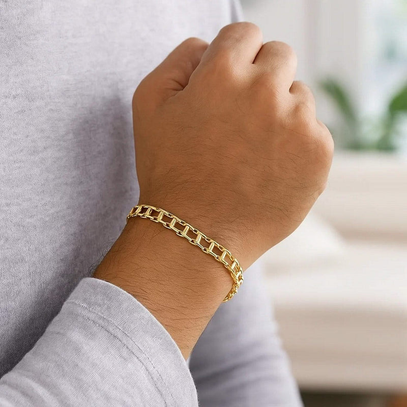 14k Yellow Gold Men's Bracelet with Rail Motif Links Product Image