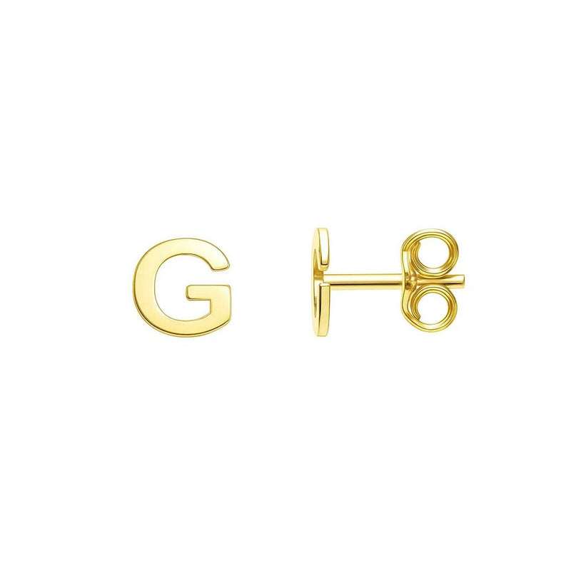 14K yellow gold initial G stud earrings with polished letter design