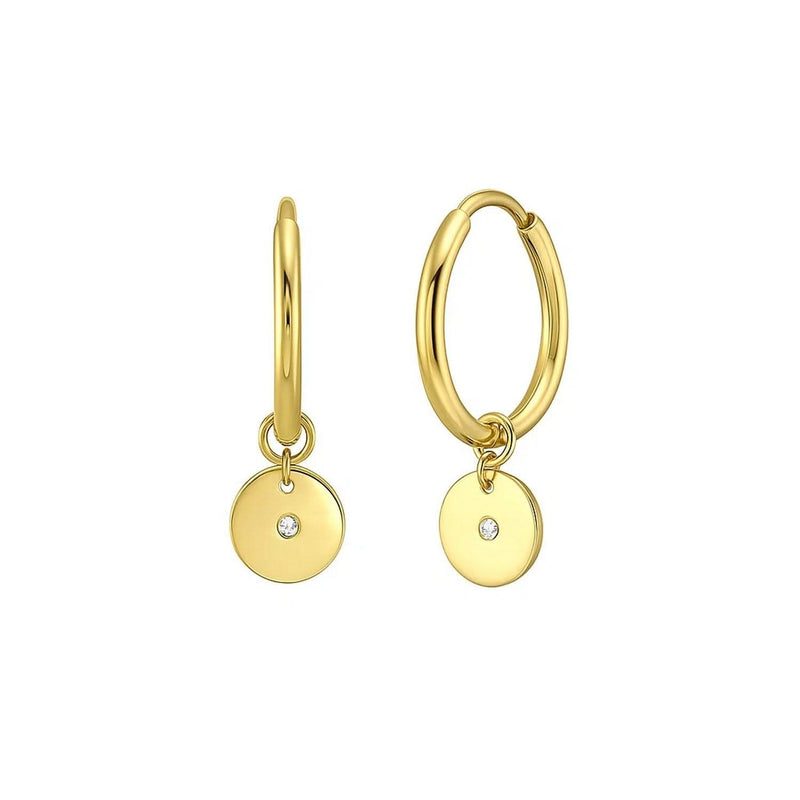 14K Yellow Gold Diamond Disc Charm Hoop Earrings 14K yellow gold hoop earrings with round diamond disc charms