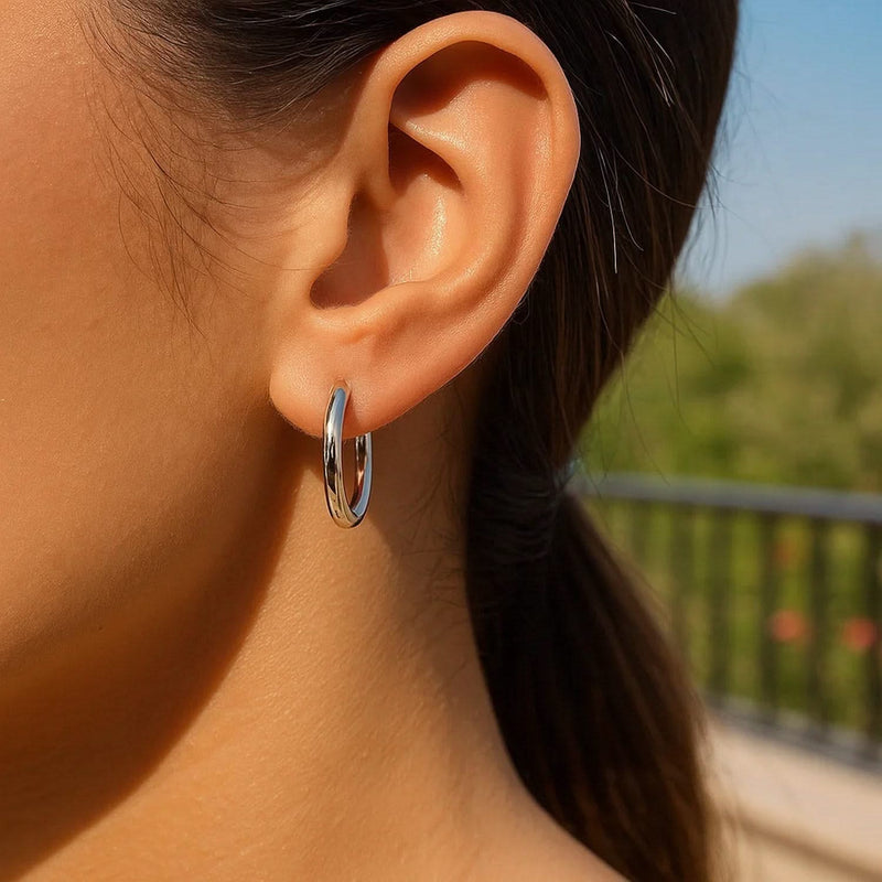 Sterling Silver Polished Hoop Style Earrings with Rhodium Plating (15mm) Product Image