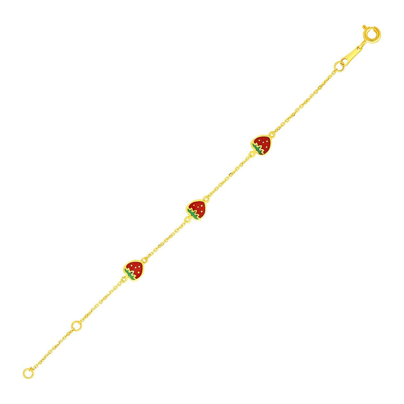 14k Yellow Gold 5 1/2 inch Childrens Bracelet with Enameled Strawberries (1.00 mm) 14K yellow gold children's bracelet with enameled strawberry charms