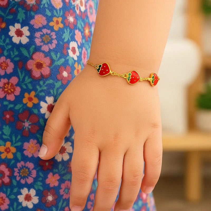 14k Yellow Gold Childrens Bracelet with Enameled Strawberries(1.00 mm) 14K yellow gold children's bracelet with enameled strawberry details