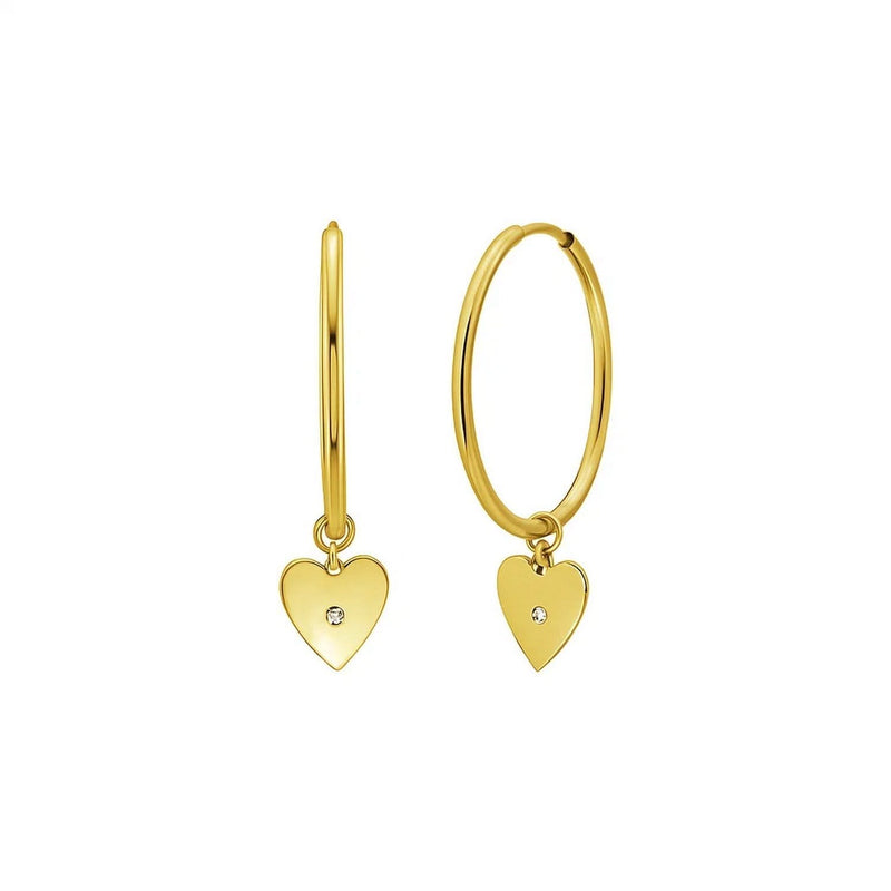 14K Yellow Gold Diamond Heart Charm Hoop Earrings 14K yellow gold hoop earrings with heart diamond charms