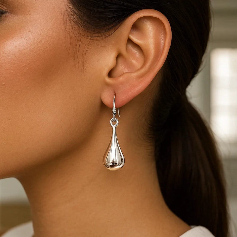 Sterling Silver Long Teardrop Shape Puff Drop Earrings Product Image
