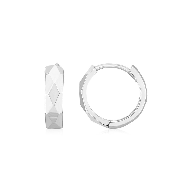 14K White Gold Diamond Motif Faceted Huggie Earrings(12.9mm) 14K white gold huggie earrings with faceted diamond motif hoops