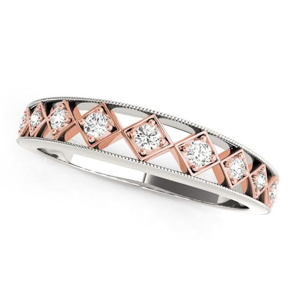 14k White Gold And Rose Gold Unique Diamond Wedding Band (1/10 cttw) 14K white and rose gold wedding band with line of round diamond stones