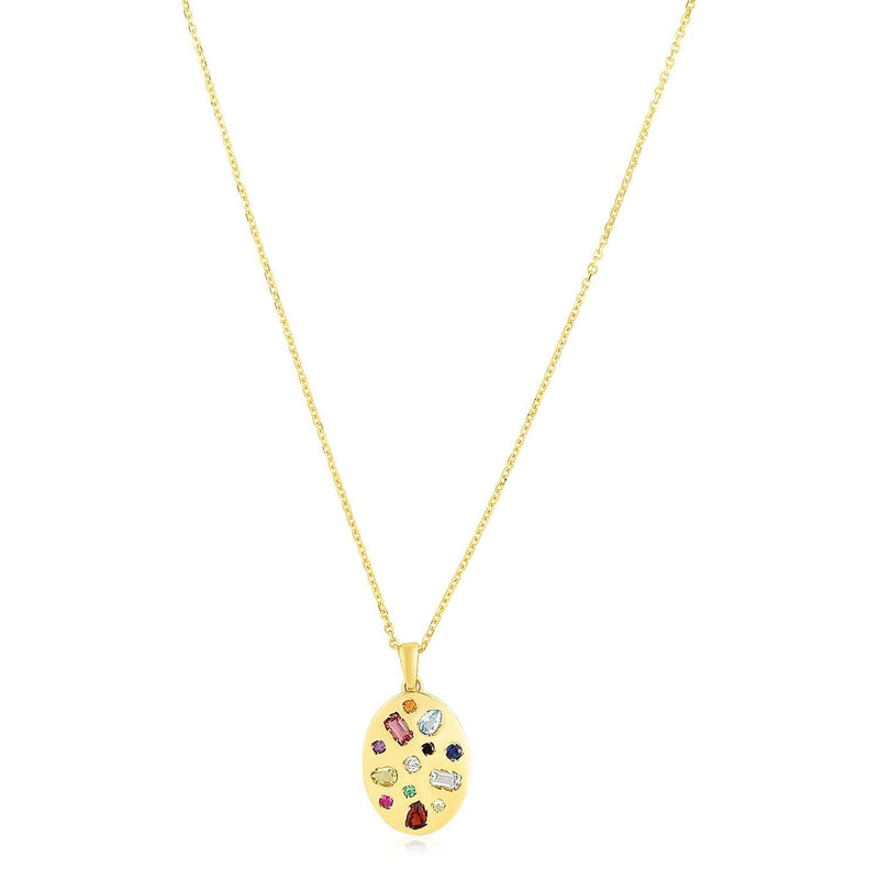 14k Yellow Gold High Polish Oval Gemstone Inlay Necklace 14K yellow gold necklace with oval gemstone inlay pendant