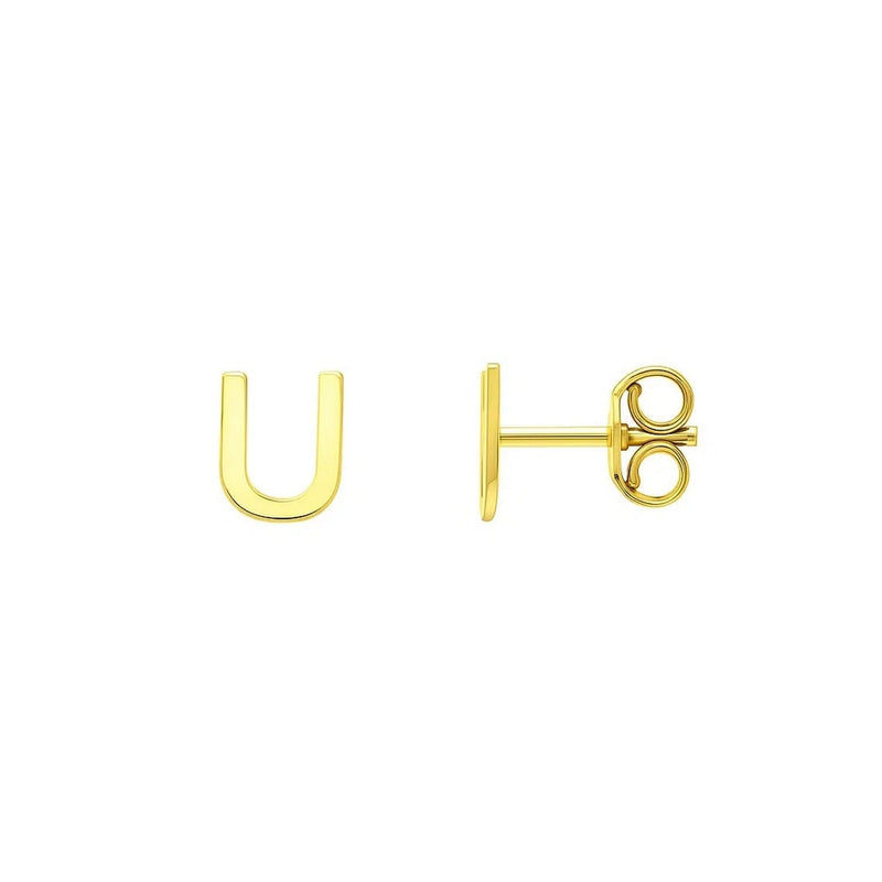 14K yellow gold initial U stud earrings with polished letter design