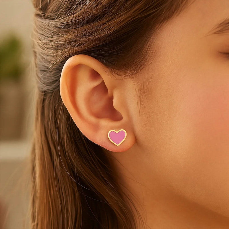 14k Yellow Gold and Enamel Pink Heart Stud Earrings Product Image