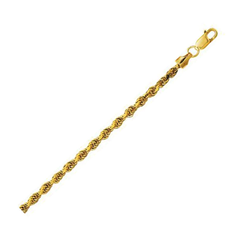 14K Yellow Gold Hollow Diamond Cut Rope Chain (3.2 mm) 14K yellow gold rope chain with diamond-cut faceted twist pattern, 3.2 mm