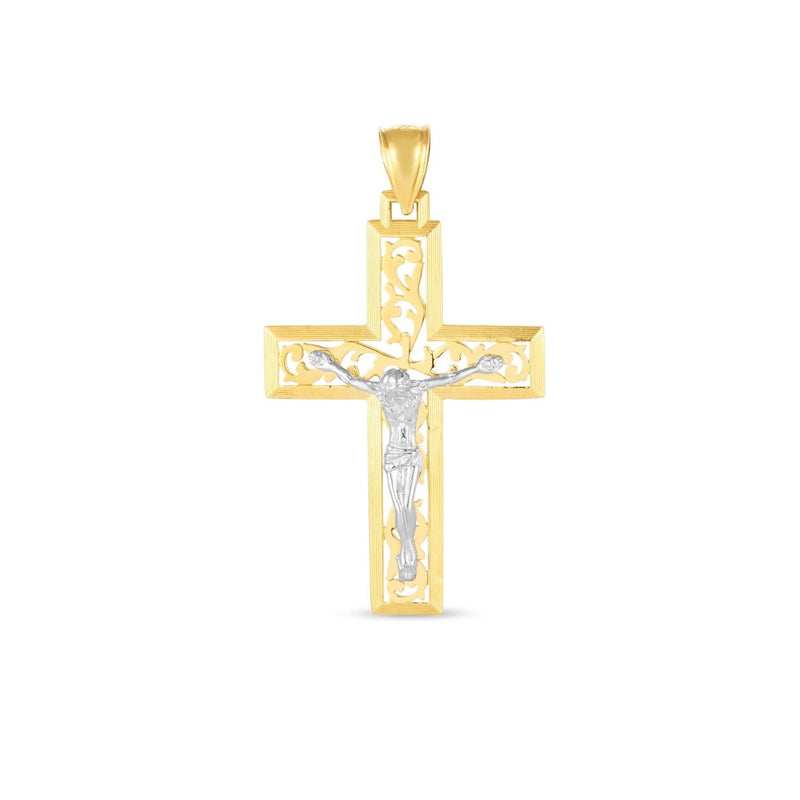 14k Two Tone Gold High Polish Diamond Cut Cross Pendant 14K two-tone gold cross pendant with diamond-cut polished finish