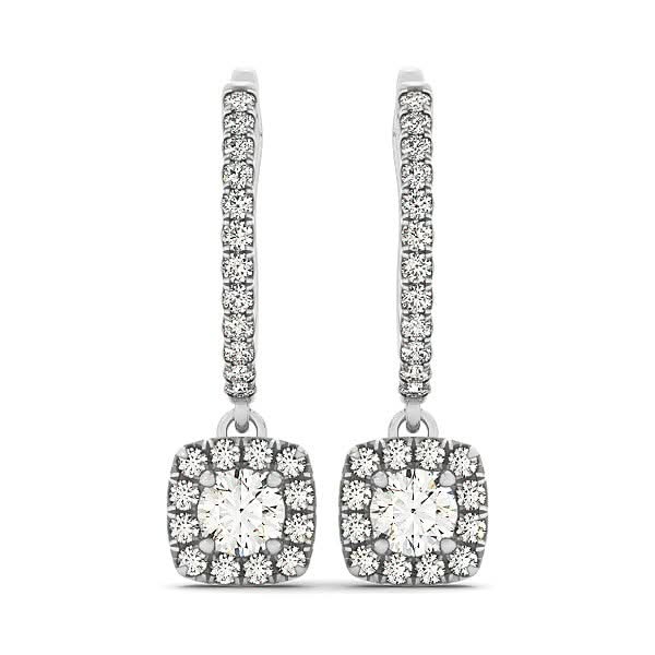 Cushion Shape Halo Style Diamond Drop Earrings in 14k White Gold (1/2 cttw) 14K white gold ring with cushion diamond stones in a halo setting