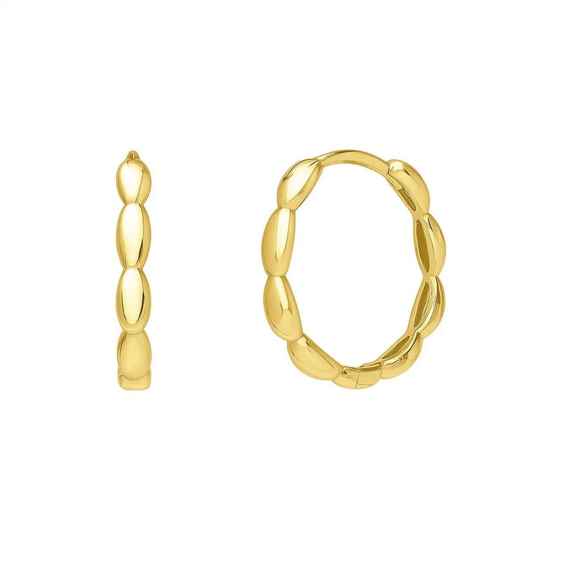 Medium Rice Hoop Earrings in 14K Yellow Gold 14K yellow gold medium rice hoop earrings with polished tube profile