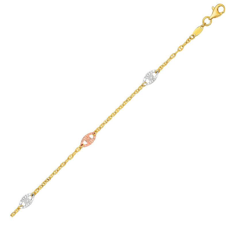 14k Three-Toned Yellow, White, and Rose Gold Anklet with Textured Ovals 14K three-toned rose gold anklet with textured oval links