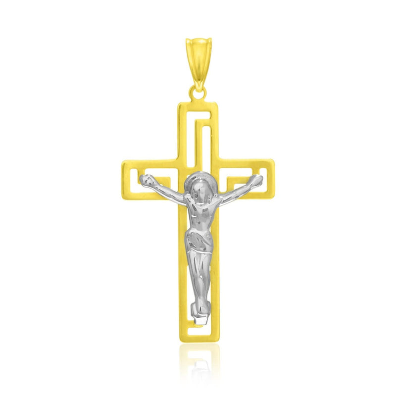 14k Two-Tone Gold Cross with Figure Pendant 14K two-tone gold cross pendant with raised center figure