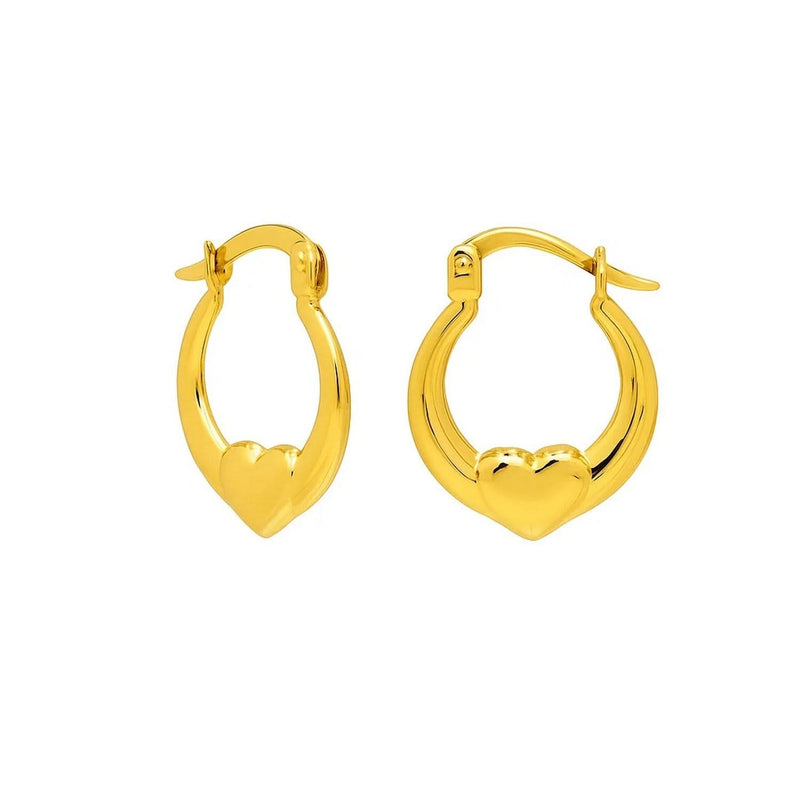 Small Heart Hoop Earrings in 14K Yellow Gold 14K yellow gold heart hoop earrings with polished heart-shaped fronts