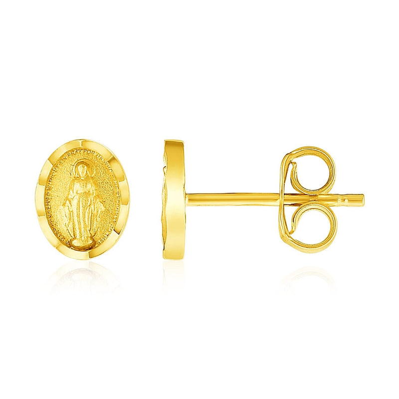 14k Yellow Gold Oval Religious Medallion Post Earrings 14K yellow gold oval religious medallion post earrings with engraved face
