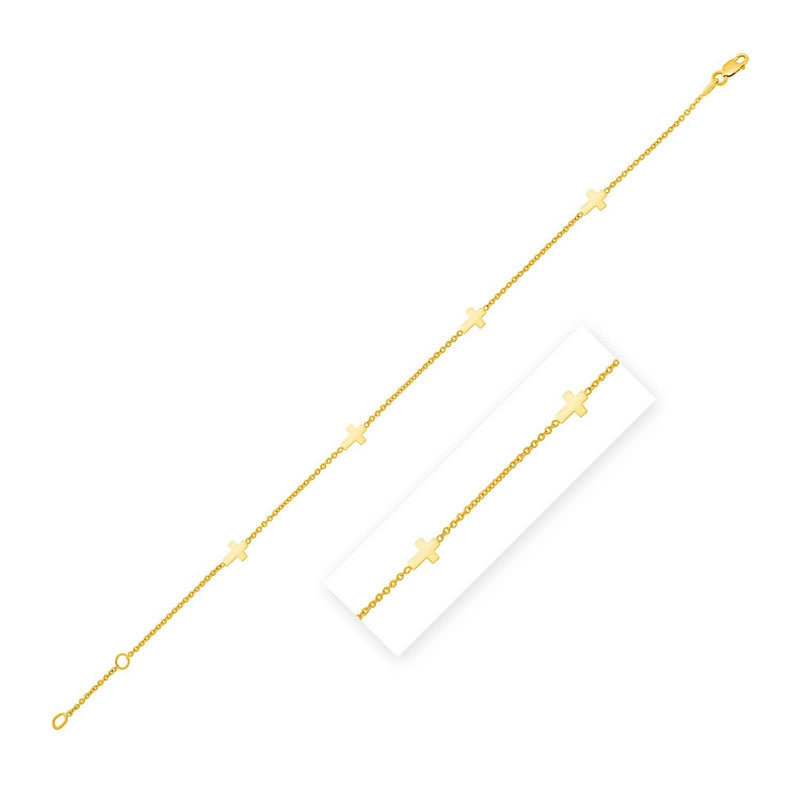 Stationed Cross Anklet in 14K Yellow Gold (1.00 mm) 14K yellow gold stationed cross anklet on a 1.00 mm cable chain