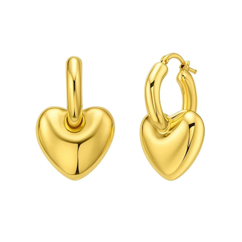 14K Yellow Gold Puffy Heart Dangle Huggie Hoops Earrings 14K yellow gold puffy heart dangle huggie hoop earrings with heart shapes