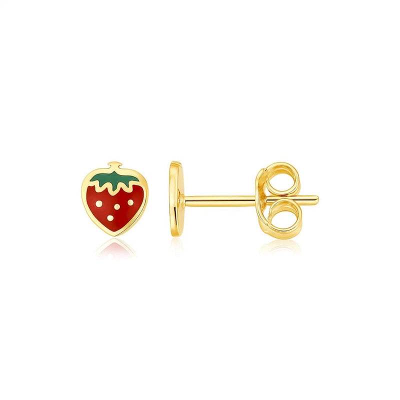 14k Yellow Gold Enameled Strawberry Children's Earrings