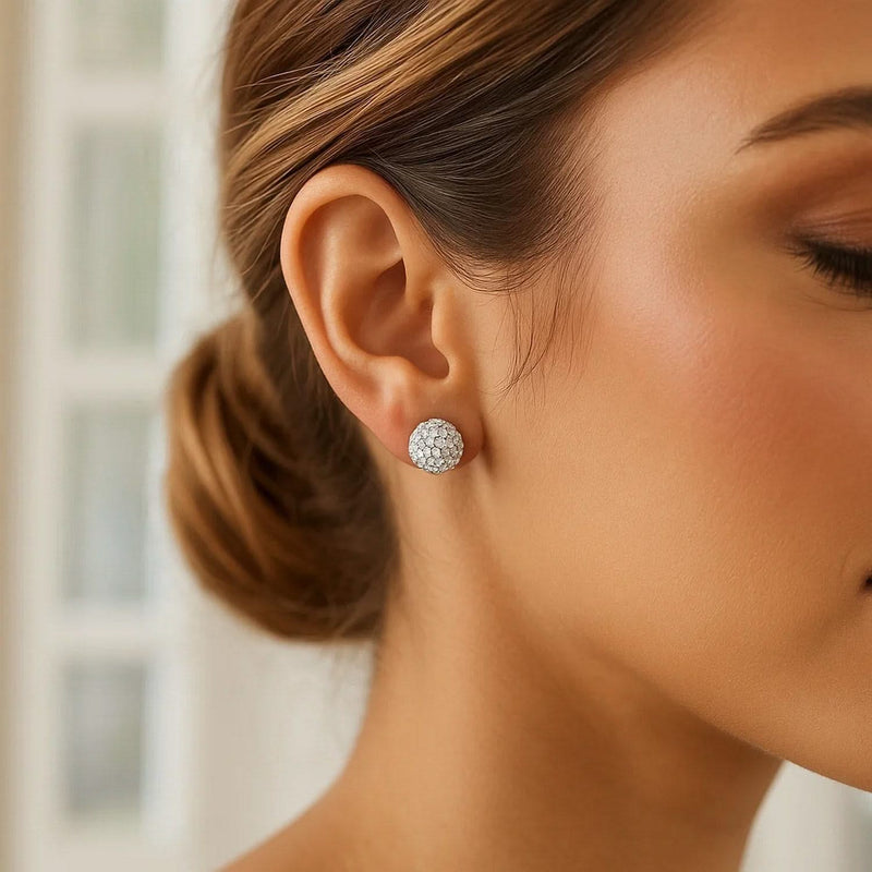 White Tone Crystal Ball Stud Earrings in 14k Yellow Gold (8mm) Product Image