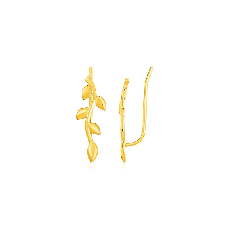 Leafy Branch Motif Climber Earrings in 14k Yellow Gold 14K yellow gold leafy branch climber earrings with sculpted leaf detailing