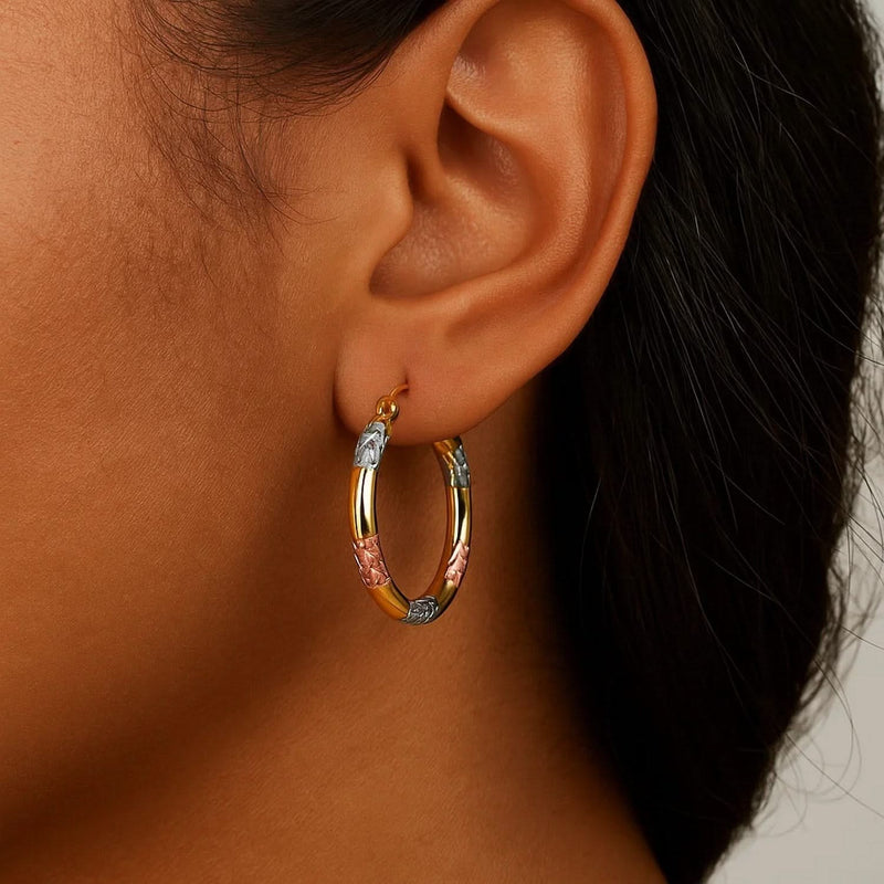10k Tri-Color Gold Classic Hoop Earrings with Diamond Cut Details(20mm) Product Image